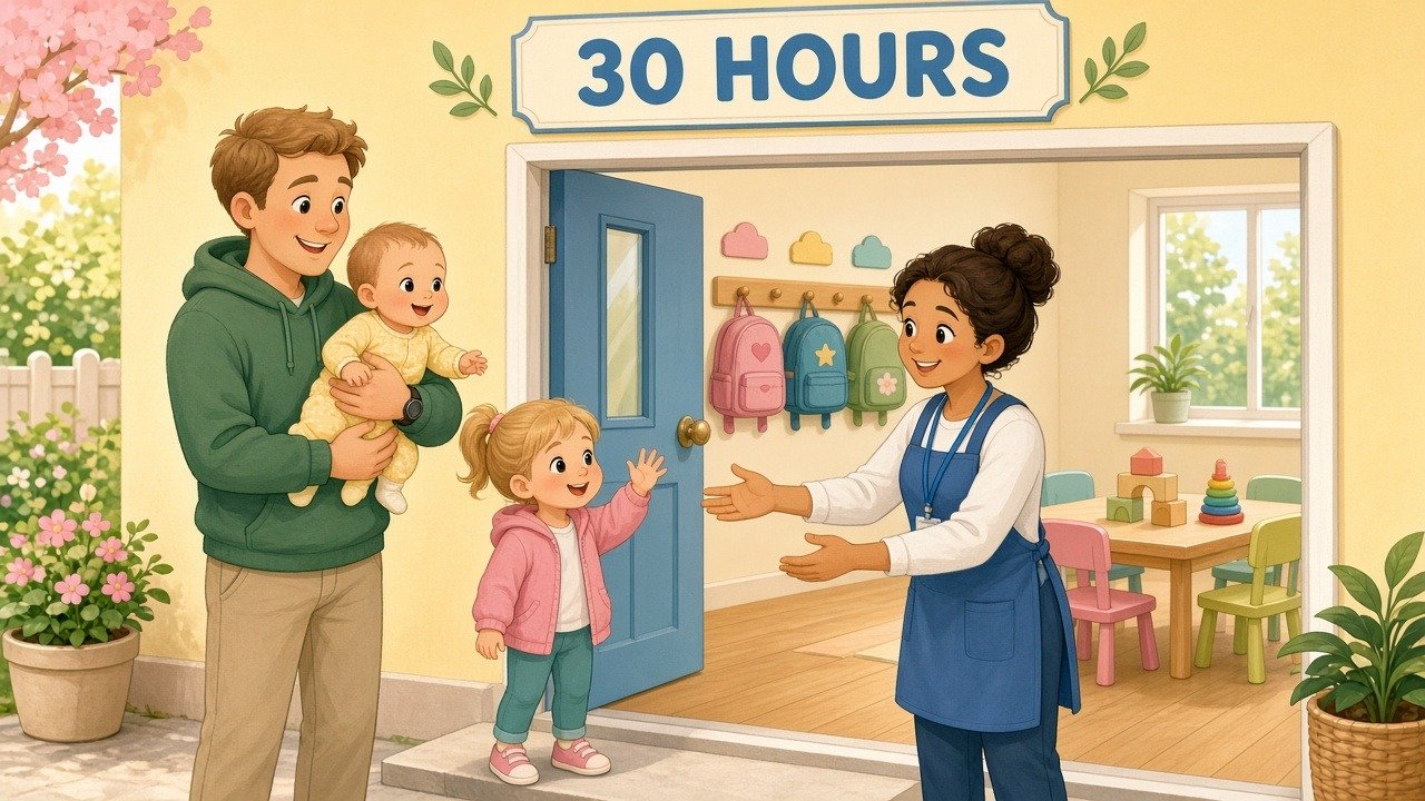 Dad holds his baby out to a smiling key worker at a nursery door under a 30 HOURS sign as his daughter waves.