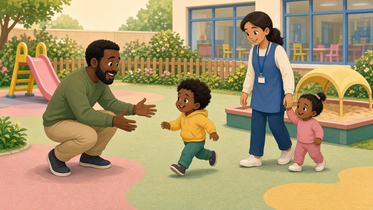 Dad crouches with open arms as his toddler son runs to him in a nursery garden while a key worker walks his baby.