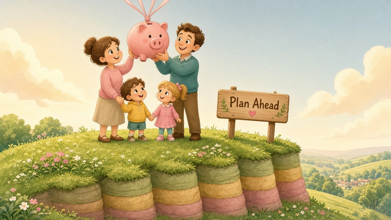 Mum and dad lift a pink piggy bank on a grassy cliff top beside a Plan Ahead sign, with two children beside them.