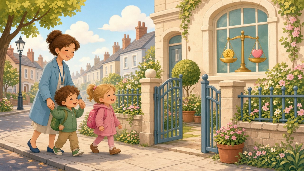 Mum walks two children with backpacks to a nursery gate, a sign with a £ balance scale on the building.