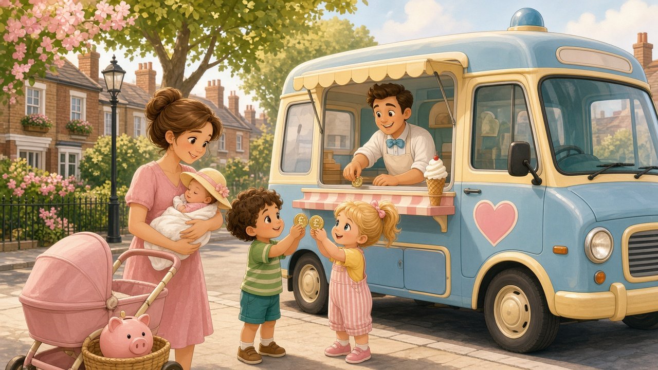 Mum with a baby and pram watches two children buy ice creams from a blue ice-cream van on a sunny street.