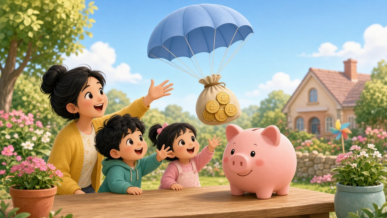 Mum and two children reach up as a bag of £ coins floats down on a blue parachute into a big piggy bank.